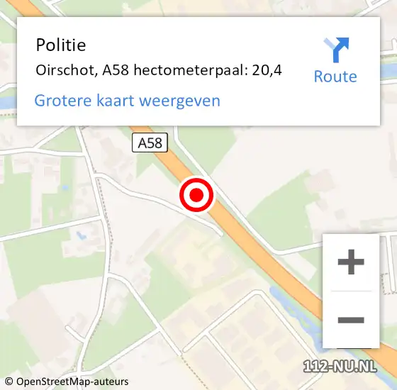 Locatie op kaart van de 112 melding: Politie Oirschot, A58 hectometerpaal: 20,4 op 17 mei 2022 09:49