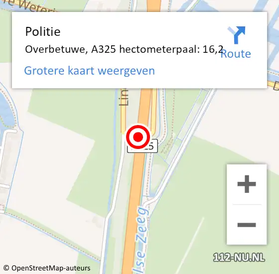Locatie op kaart van de 112 melding: Politie Overbetuwe, A325 hectometerpaal: 16,2 op 17 mei 2022 10:34