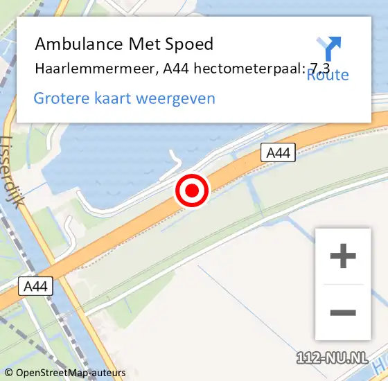Locatie op kaart van de 112 melding: Ambulance Met Spoed Naar Haarlemmermeer, A44 hectometerpaal: 7,3 op 17 mei 2022 10:50