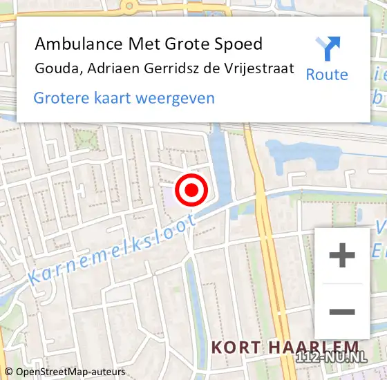 Locatie op kaart van de 112 melding: Ambulance Met Grote Spoed Naar Gouda, Adriaen Gerridsz de Vrijestraat op 17 mei 2022 11:26