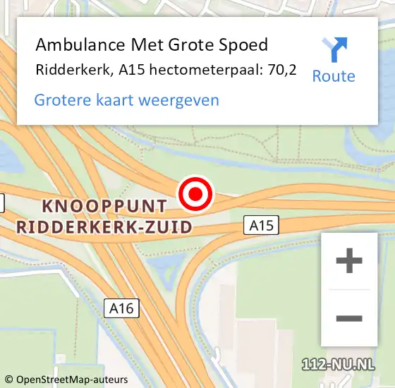 Locatie op kaart van de 112 melding: Ambulance Met Grote Spoed Naar Ridderkerk, A15 hectometerpaal: 70,2 op 17 mei 2022 12:48