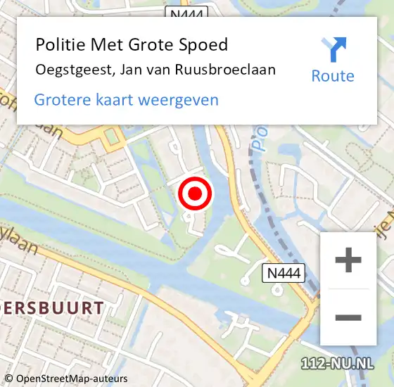 Locatie op kaart van de 112 melding: Politie Met Grote Spoed Naar Oegstgeest, Jan van Ruusbroeclaan op 17 mei 2022 12:57