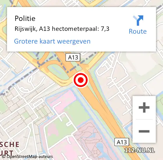 Locatie op kaart van de 112 melding: Politie Rijswijk, A13 hectometerpaal: 7,3 op 17 mei 2022 16:06