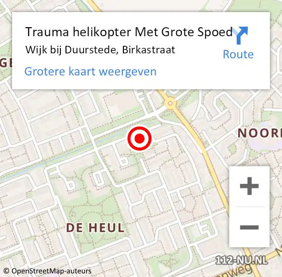 Locatie op kaart van de 112 melding: Trauma helikopter Met Grote Spoed Naar Wijk bij Duurstede, Birkastraat op 17 mei 2022 16:47