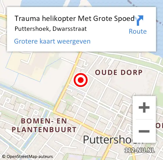 Locatie op kaart van de 112 melding: Trauma helikopter Met Grote Spoed Naar Puttershoek, Dwarsstraat op 17 mei 2022 18:08