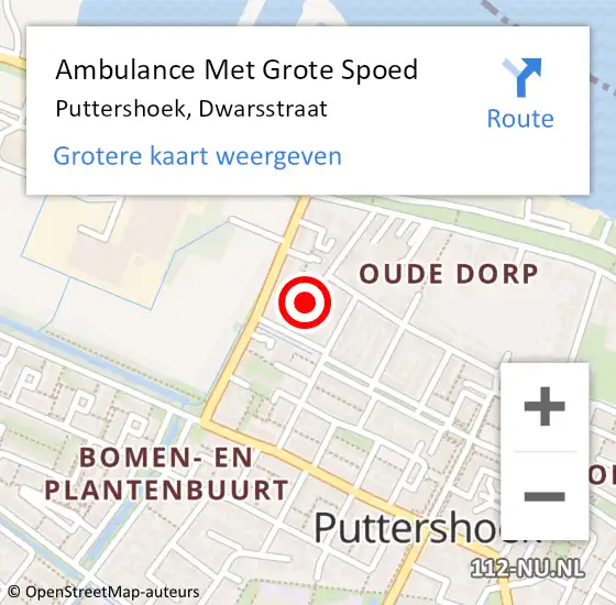 Locatie op kaart van de 112 melding: Ambulance Met Grote Spoed Naar Puttershoek, Dwarsstraat op 17 mei 2022 18:09