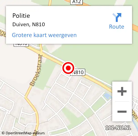 Locatie op kaart van de 112 melding: Politie Duiven, N810 hectometerpaal: 1,1 op 17 mei 2022 18:25