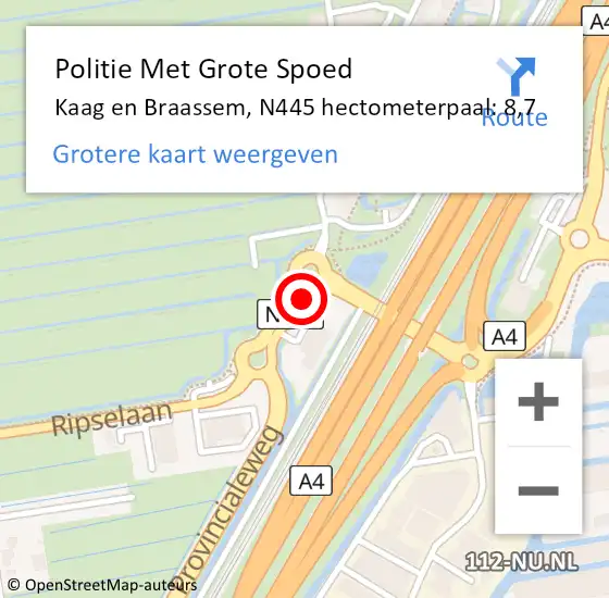 Locatie op kaart van de 112 melding: Politie Met Grote Spoed Naar Kaag en Braassem, N445 hectometerpaal: 8,7 op 17 mei 2022 20:13