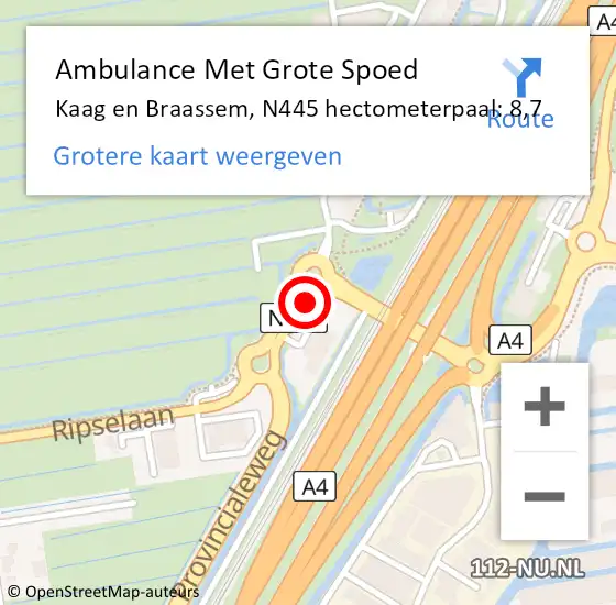 Locatie op kaart van de 112 melding: Ambulance Met Grote Spoed Naar Kaag en Braassem, N445 hectometerpaal: 8,7 op 17 mei 2022 20:14