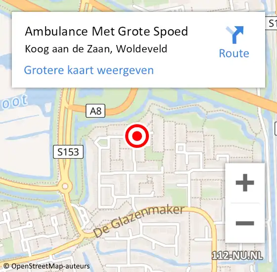 Locatie op kaart van de 112 melding: Ambulance Met Grote Spoed Naar Koog aan de Zaan, Woldeveld op 17 mei 2022 22:10
