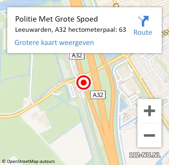 Locatie op kaart van de 112 melding: Politie Met Grote Spoed Naar Leeuwarden, A32 hectometerpaal: 63 op 17 mei 2022 22:48