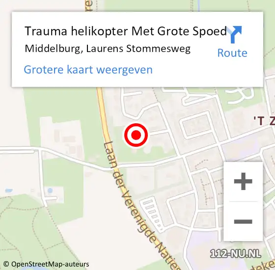 Locatie op kaart van de 112 melding: Trauma helikopter Met Grote Spoed Naar Middelburg, Laurens Stommesweg op 17 mei 2022 23:57