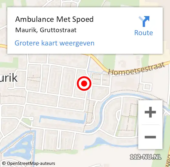 Locatie op kaart van de 112 melding: Ambulance Met Spoed Naar Maurik, Gruttostraat op 18 mei 2022 02:09