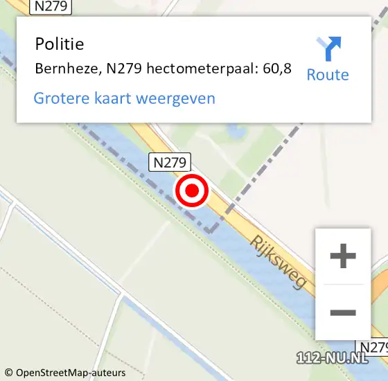 Locatie op kaart van de 112 melding: Politie Bernheze, N279 hectometerpaal: 60,8 op 18 mei 2022 07:13