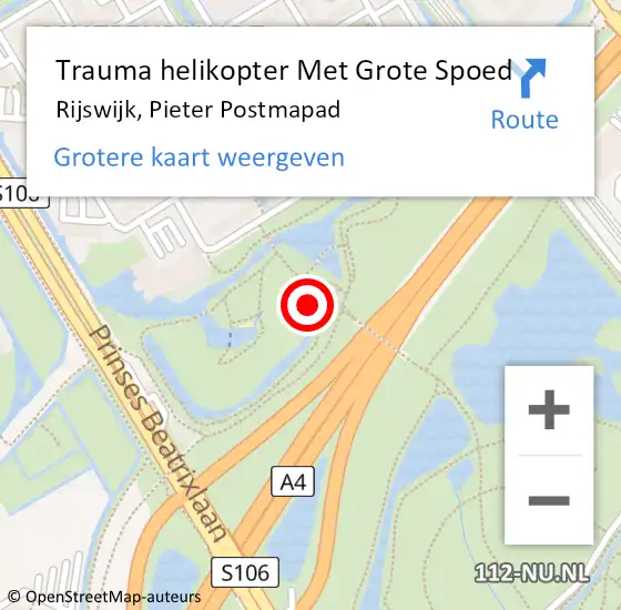 Locatie op kaart van de 112 melding: Trauma helikopter Met Grote Spoed Naar Rijswijk, Pieter Postmapad op 18 mei 2022 08:13
