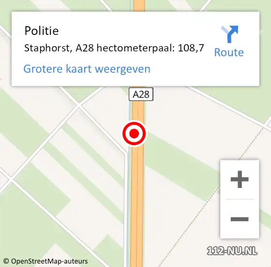 Locatie op kaart van de 112 melding: Politie Staphorst, A28 hectometerpaal: 108,7 op 18 mei 2022 08:21