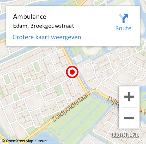 Locatie op kaart van de 112 melding: Ambulance Edam, Broekgouwstraat op 18 mei 2022 08:23