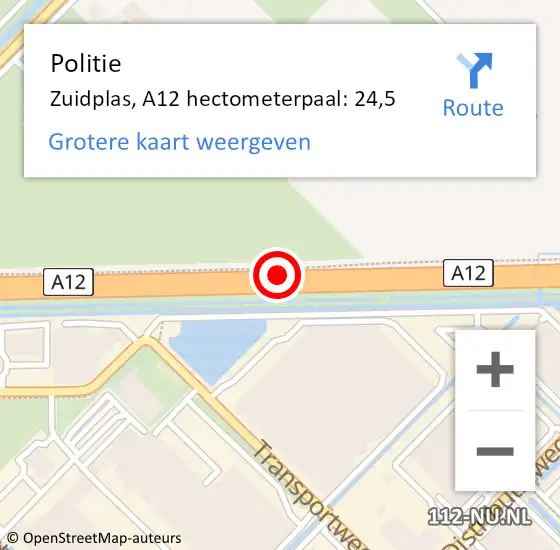 Locatie op kaart van de 112 melding: Politie Zuidplas, A12 hectometerpaal: 24,5 op 18 mei 2022 10:22