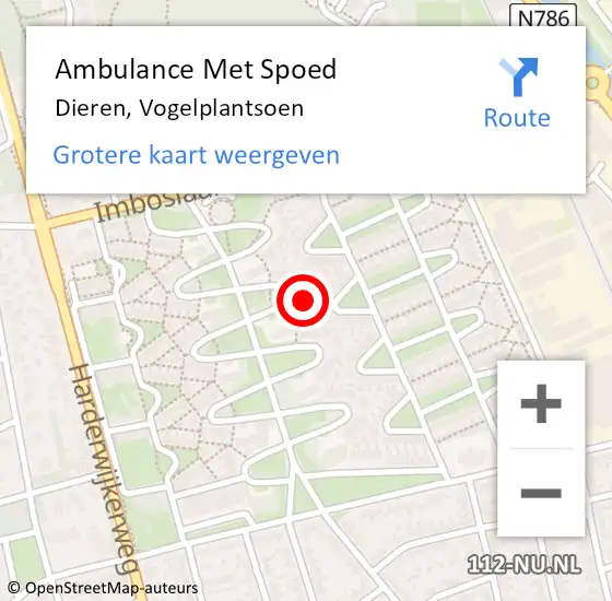 Locatie op kaart van de 112 melding: Ambulance Met Spoed Naar Dieren, Vogelplantsoen op 18 mei 2022 10:57