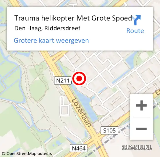 Locatie op kaart van de 112 melding: Trauma helikopter Met Grote Spoed Naar Den Haag, Riddersdreef op 18 mei 2022 12:18