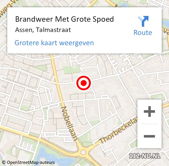 Locatie op kaart van de 112 melding: Brandweer Met Grote Spoed Naar Assen, Talmastraat op 18 mei 2022 13:38