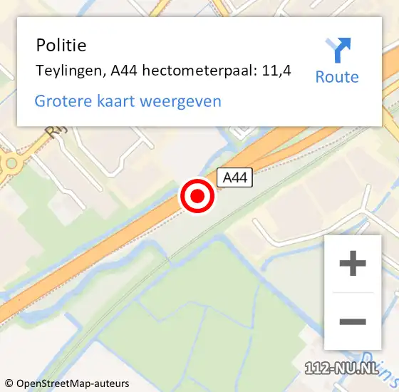 Locatie op kaart van de 112 melding: Politie Teylingen, A44 hectometerpaal: 11,4 op 18 mei 2022 14:01