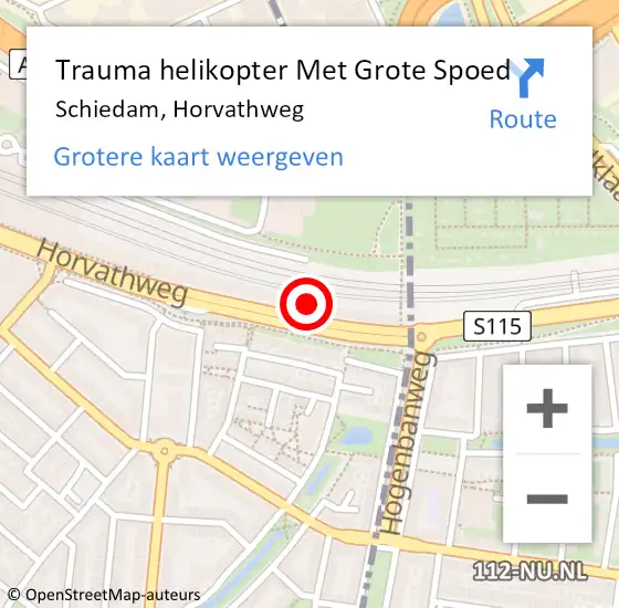 Locatie op kaart van de 112 melding: Trauma helikopter Met Grote Spoed Naar Schiedam, Horvathweg op 18 mei 2022 14:08