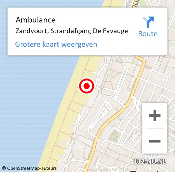 Locatie op kaart van de 112 melding: Ambulance Zandvoort, Strandafgang De Favauge op 18 mei 2022 15:23