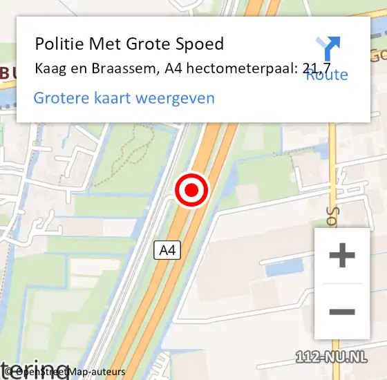 Locatie op kaart van de 112 melding: Politie Met Grote Spoed Naar Kaag en Braassem, A4 hectometerpaal: 21,7 op 18 mei 2022 15:26