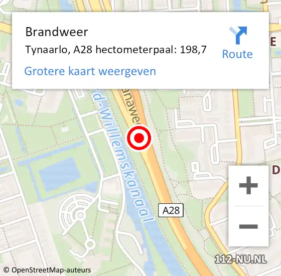 Locatie op kaart van de 112 melding: Brandweer Tynaarlo, A28 hectometerpaal: 198,7 op 18 mei 2022 15:35