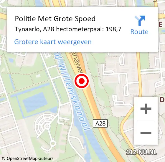 Locatie op kaart van de 112 melding: Politie Met Grote Spoed Naar Tynaarlo, A28 hectometerpaal: 198,7 op 18 mei 2022 15:37