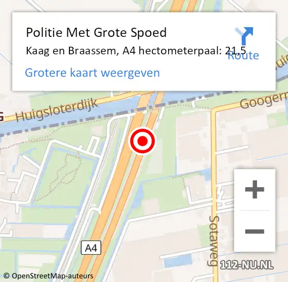 Locatie op kaart van de 112 melding: Politie Met Grote Spoed Naar Kaag en Braassem, A4 hectometerpaal: 21,5 op 18 mei 2022 15:43