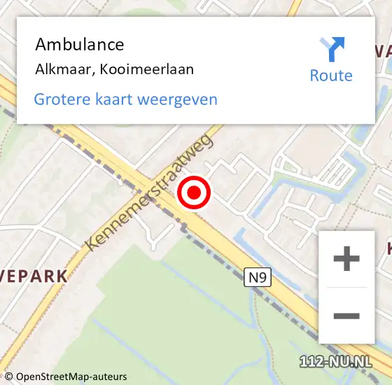 Locatie op kaart van de 112 melding: Ambulance Alkmaar, Kooimeerlaan op 18 mei 2022 15:44