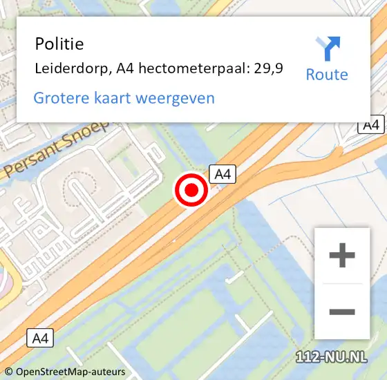 Locatie op kaart van de 112 melding: Politie Leiderdorp, A4 hectometerpaal: 29,9 op 18 mei 2022 15:48