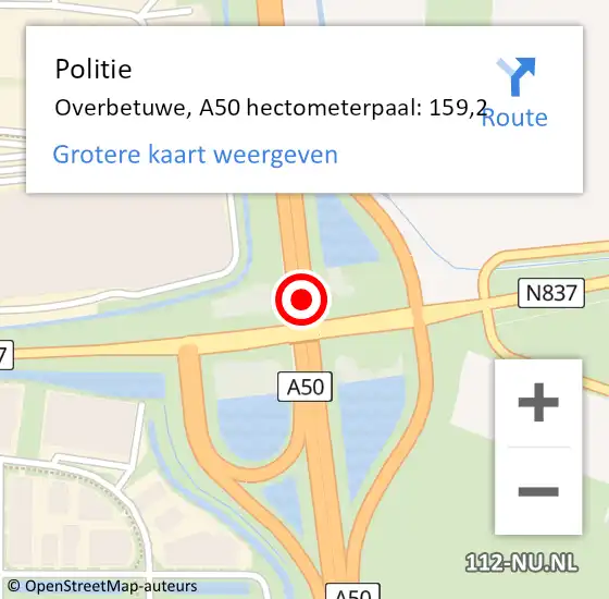 Locatie op kaart van de 112 melding: Politie Overbetuwe, A50 hectometerpaal: 159,2 op 18 mei 2022 16:27