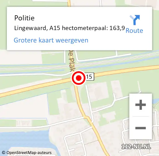 Locatie op kaart van de 112 melding: Politie Lingewaard, A15 hectometerpaal: 163,9 op 18 mei 2022 16:43