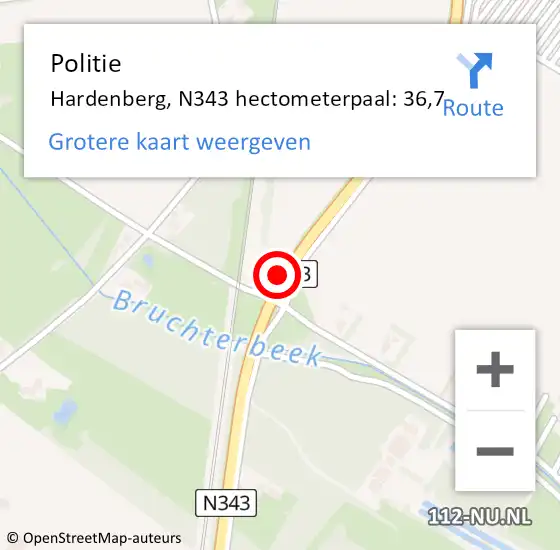 Locatie op kaart van de 112 melding: Politie Hardenberg, N343 hectometerpaal: 36,7 op 18 mei 2022 16:43