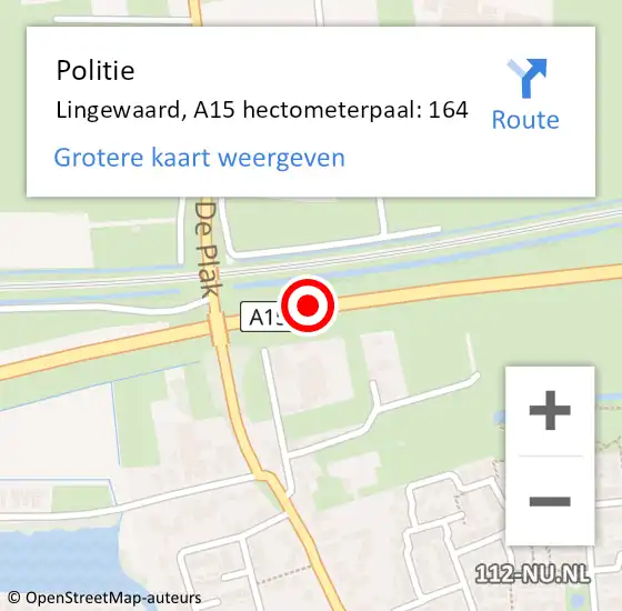 Locatie op kaart van de 112 melding: Politie Lingewaard, A15 hectometerpaal: 164 op 18 mei 2022 16:44