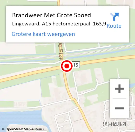 Locatie op kaart van de 112 melding: Brandweer Met Grote Spoed Naar Lingewaard, A15 hectometerpaal: 163,9 op 18 mei 2022 16:47