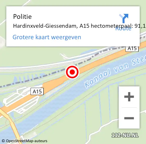 Locatie op kaart van de 112 melding: Politie Hardinxveld-Giessendam, A15 hectometerpaal: 91,1 op 18 mei 2022 16:49