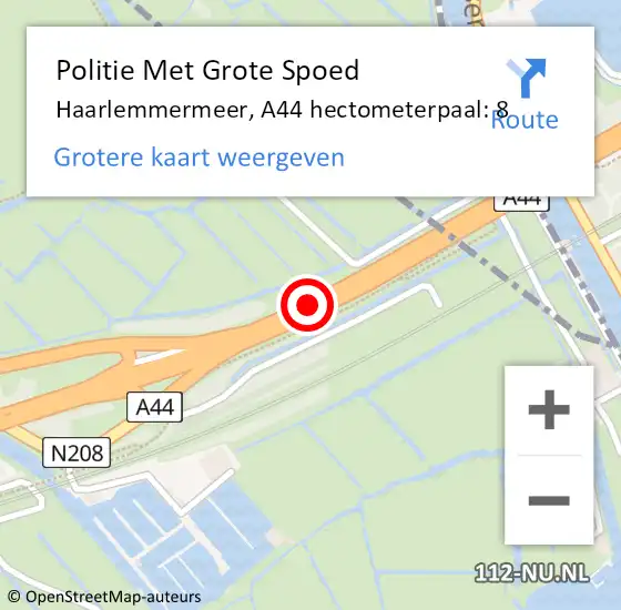 Locatie op kaart van de 112 melding: Politie Met Grote Spoed Naar Haarlemmermeer, A44 hectometerpaal: 8 op 18 mei 2022 17:53