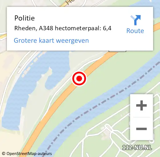 Locatie op kaart van de 112 melding: Politie Rheden, A348 hectometerpaal: 6,4 op 18 mei 2022 19:11
