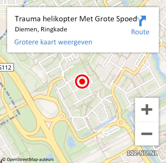 Locatie op kaart van de 112 melding: Trauma helikopter Met Grote Spoed Naar Diemen, Ringkade op 18 mei 2022 20:30