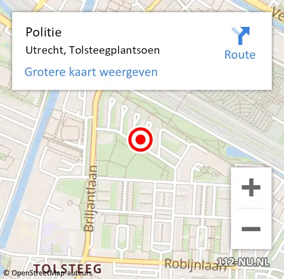 Locatie op kaart van de 112 melding: Politie Utrecht, Tolsteegplantsoen op 19 mei 2022 05:02