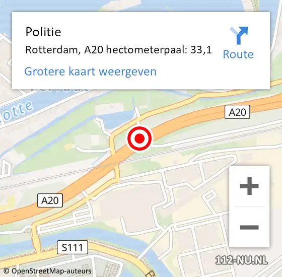 Locatie op kaart van de 112 melding: Politie Rotterdam, A20 hectometerpaal: 33,1 op 19 mei 2022 05:58