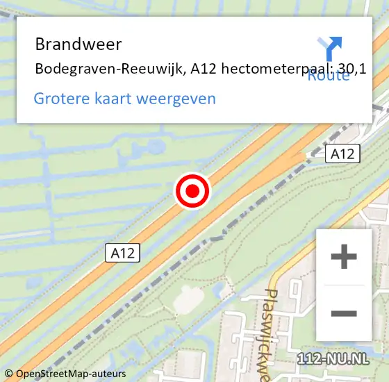 Locatie op kaart van de 112 melding: Brandweer Bodegraven-Reeuwijk, A12 hectometerpaal: 30,1 op 19 mei 2022 07:57