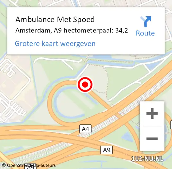 Locatie op kaart van de 112 melding: Ambulance Met Spoed Naar Amsterdam, A9 hectometerpaal: 34,2 op 19 mei 2022 08:03