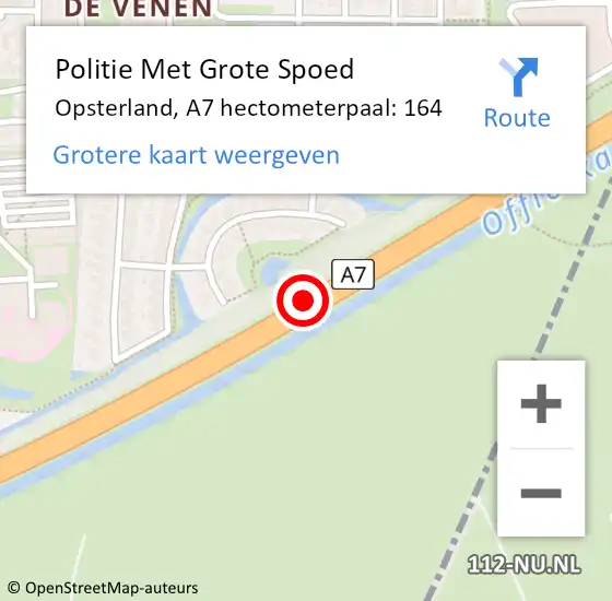 Locatie op kaart van de 112 melding: Politie Met Grote Spoed Naar Opsterland, A7 hectometerpaal: 164 op 19 mei 2022 08:27