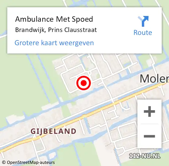 Locatie op kaart van de 112 melding: Ambulance Met Spoed Naar Brandwijk, Prins Clausstraat op 19 mei 2022 08:43