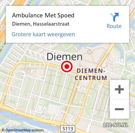 Locatie op kaart van de 112 melding: Ambulance Met Spoed Naar Diemen, Hasselaarstraat op 19 mei 2022 10:49